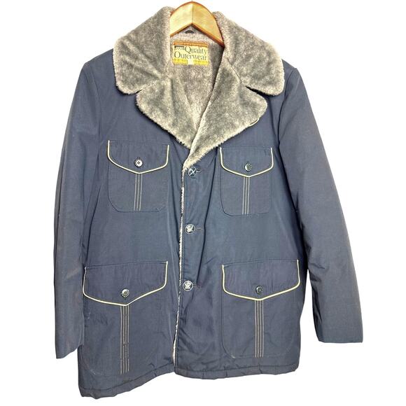 Vintage Chore Jacket Navy Canvas Coat Size 44 Sherpa Style 1970s Retro Utility - Picture 12 of 13